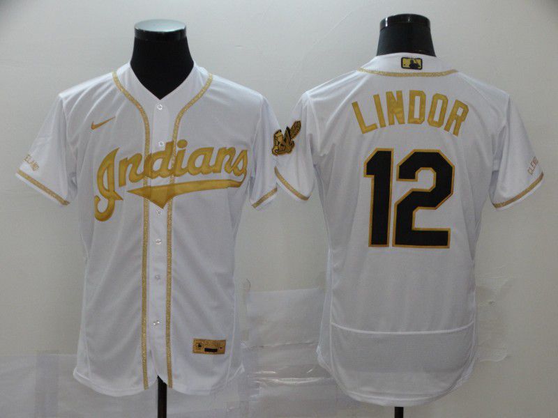 Men Cleveland Indians #12 Lindor White Retro gold character Nike Elite MLB Jerseys->cleveland indians->MLB Jersey